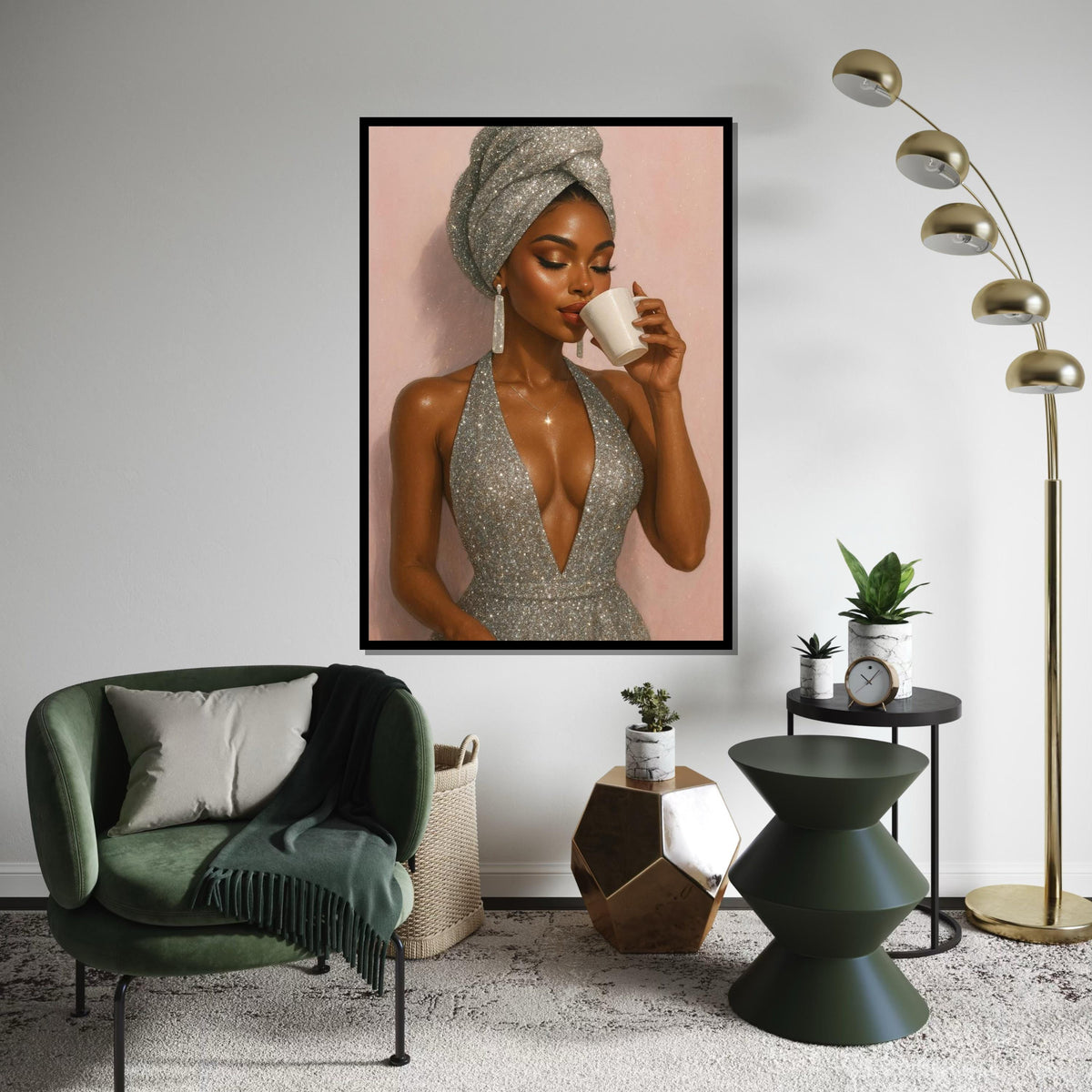 Elegant Woman with Coffee, Glamorous Silver Dress, Canvas Art, Fashion Wall Art, Ready to Hang Home Decor, Stylish Lady Print