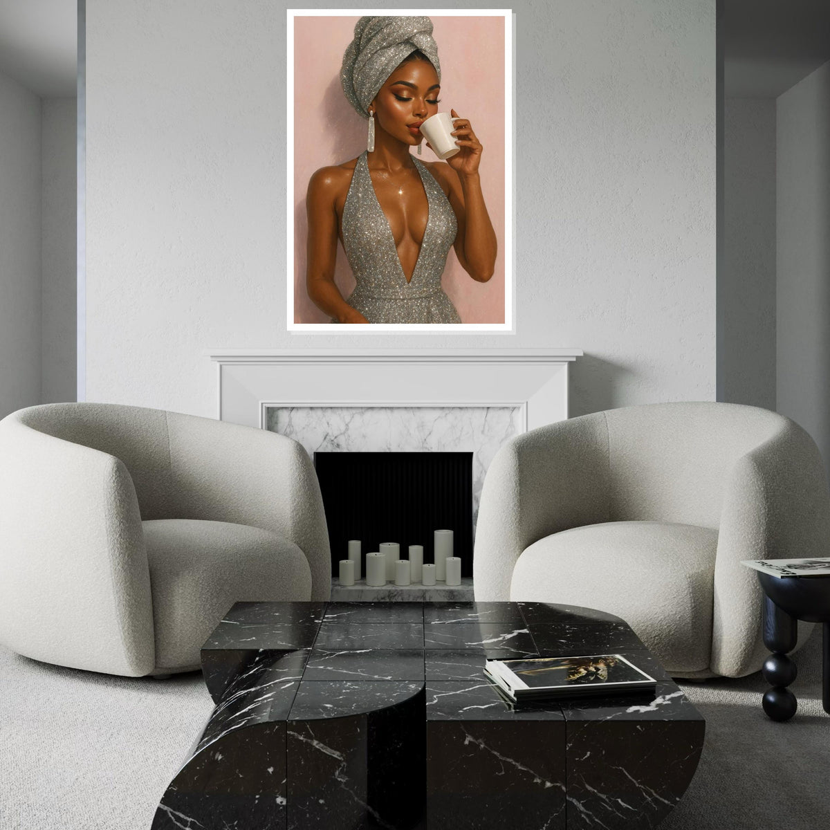 Elegant Woman with Coffee, Glamorous Silver Dress, Canvas Art, Fashion Wall Art, Ready to Hang Home Decor, Stylish Lady Print