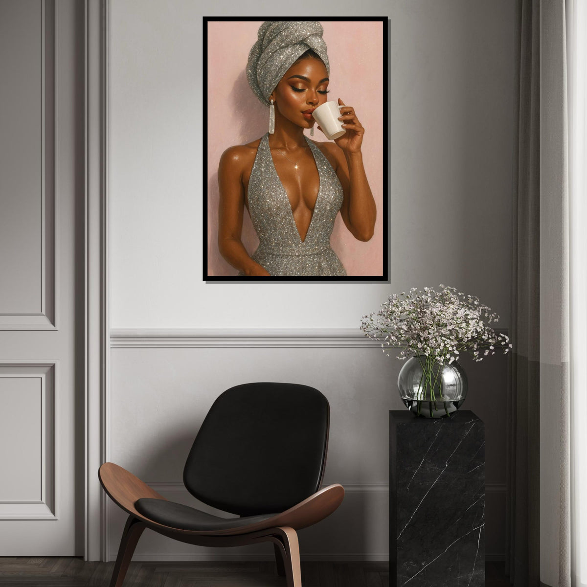 Elegant Woman with Coffee, Glamorous Silver Dress, Canvas Art, Fashion Wall Art, Ready to Hang Home Decor, Stylish Lady Print