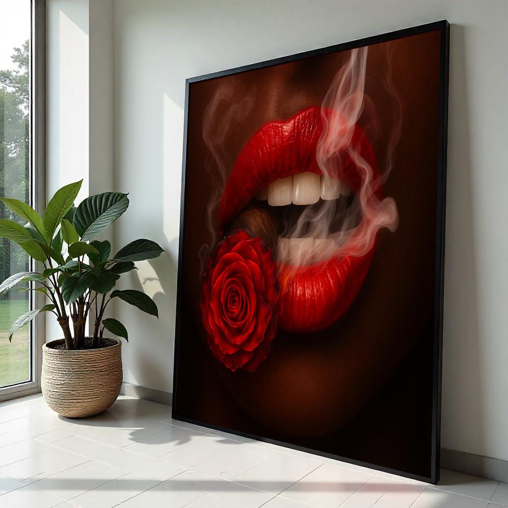 Red Lips Rose, Smoking Red Canvas, Abstract Art, Wall Art Canvas Design, Flower Cigarette Canvas, Framed Canvas Ready to Hang