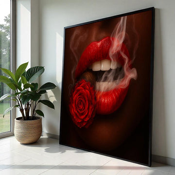 Red Lips Rose, Smoking Red Canvas, Abstract Art, Wall Art Canvas Design, Flower Cigarette Canvas, Framed Canvas Ready to Hang