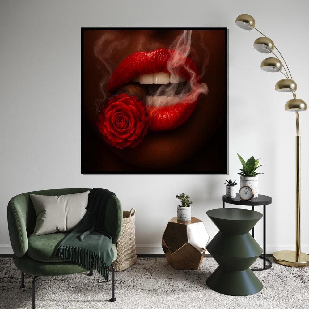 Red Lips Rose, Smoking Red Canvas, Abstract Art, Wall Art Canvas Design, Flower Cigarette Canvas, Framed Canvas Ready to Hang