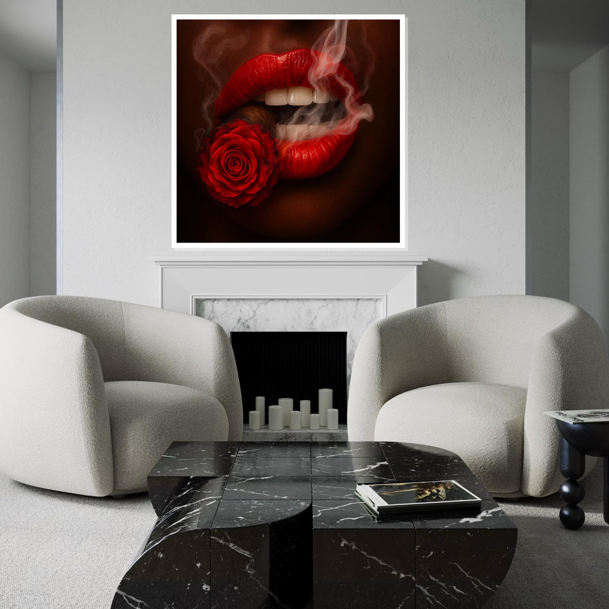 Red Lips Rose, Smoking Red Canvas, Abstract Art, Wall Art Canvas Design, Flower Cigarette Canvas, Framed Canvas Ready to Hang