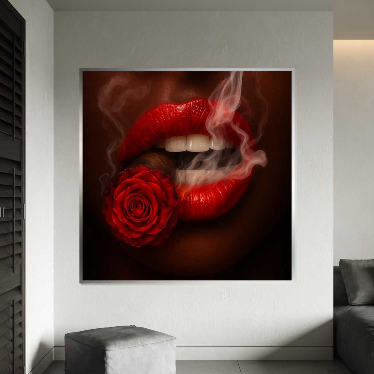 Red Lips Rose, Smoking Red Canvas, Abstract Art, Wall Art Canvas Design, Flower Cigarette Canvas, Framed Canvas Ready to Hang