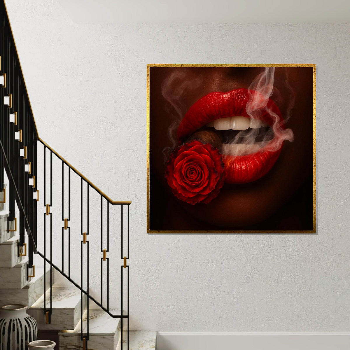 Red Lips Rose, Smoking Red Canvas, Abstract Art, Wall Art Canvas Design, Flower Cigarette Canvas, Framed Canvas Ready to Hang