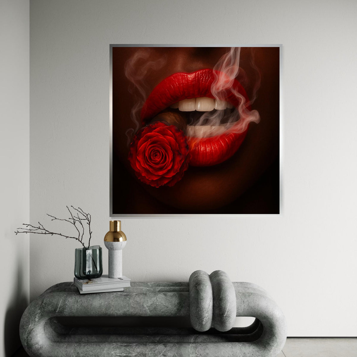 Red Lips Rose, Smoking Red Canvas, Abstract Art, Wall Art Canvas Design, Flower Cigarette Canvas, Framed Canvas Ready to Hang