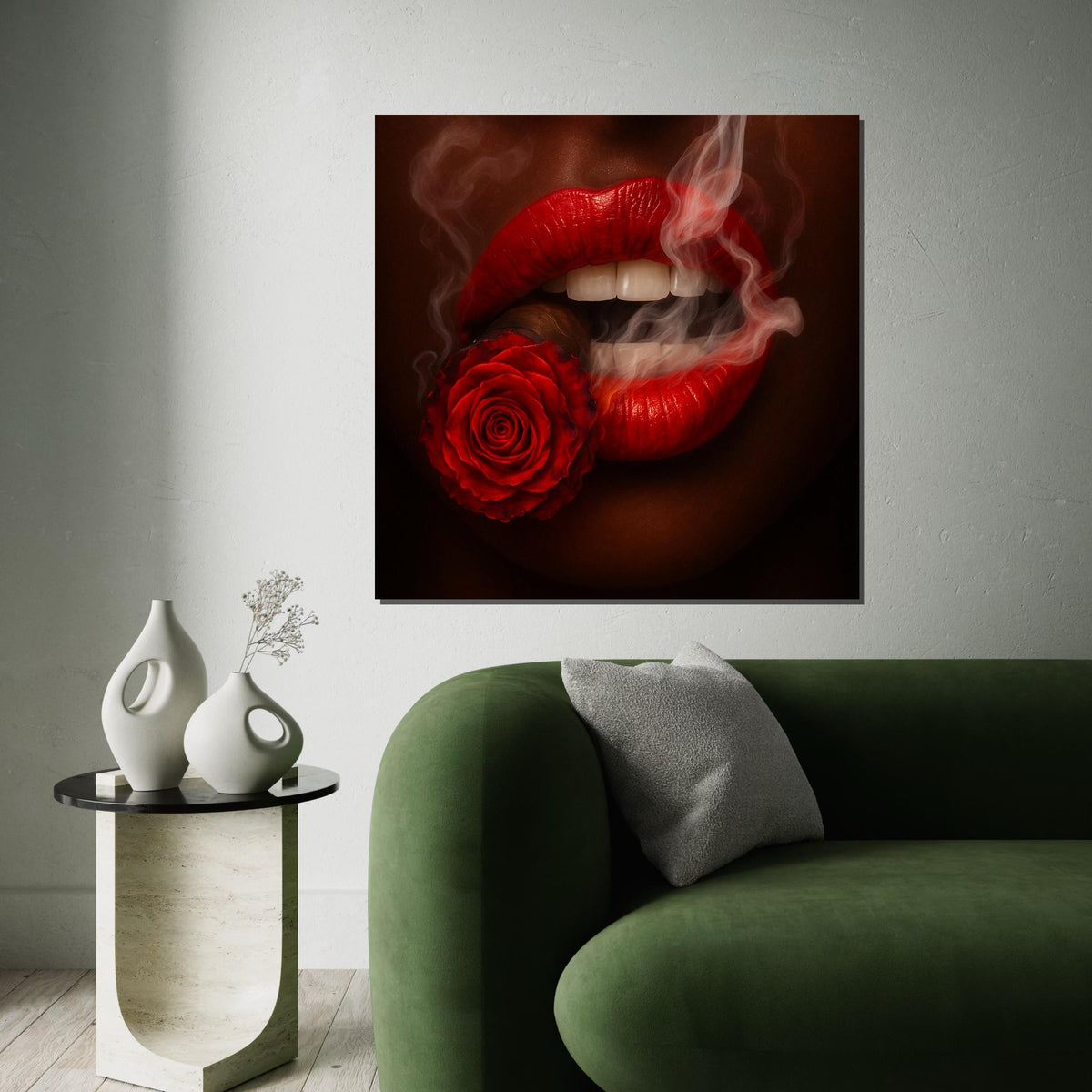 Red Lips Rose, Smoking Red Canvas, Abstract Art, Wall Art Canvas Design, Flower Cigarette Canvas, Framed Canvas Ready to Hang