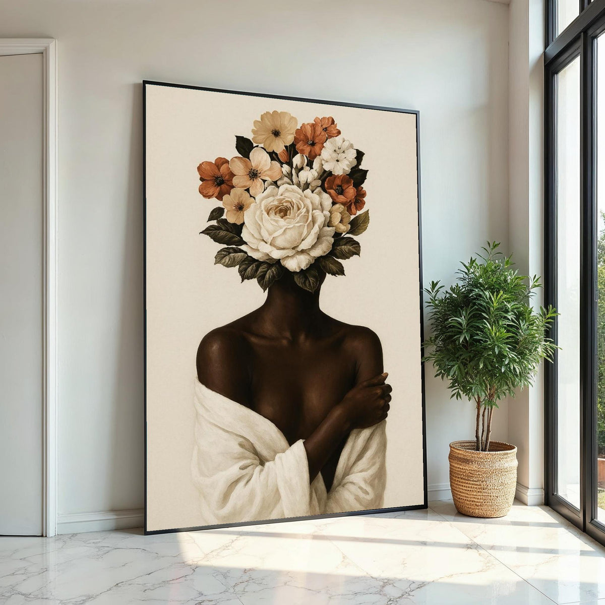 Floral Visage Canvas, Flower Head Art, Afro Woman,Female Silhouette Wall Art, Botanical Canvas Design, Ready to Hang Home Décor, Nature Art