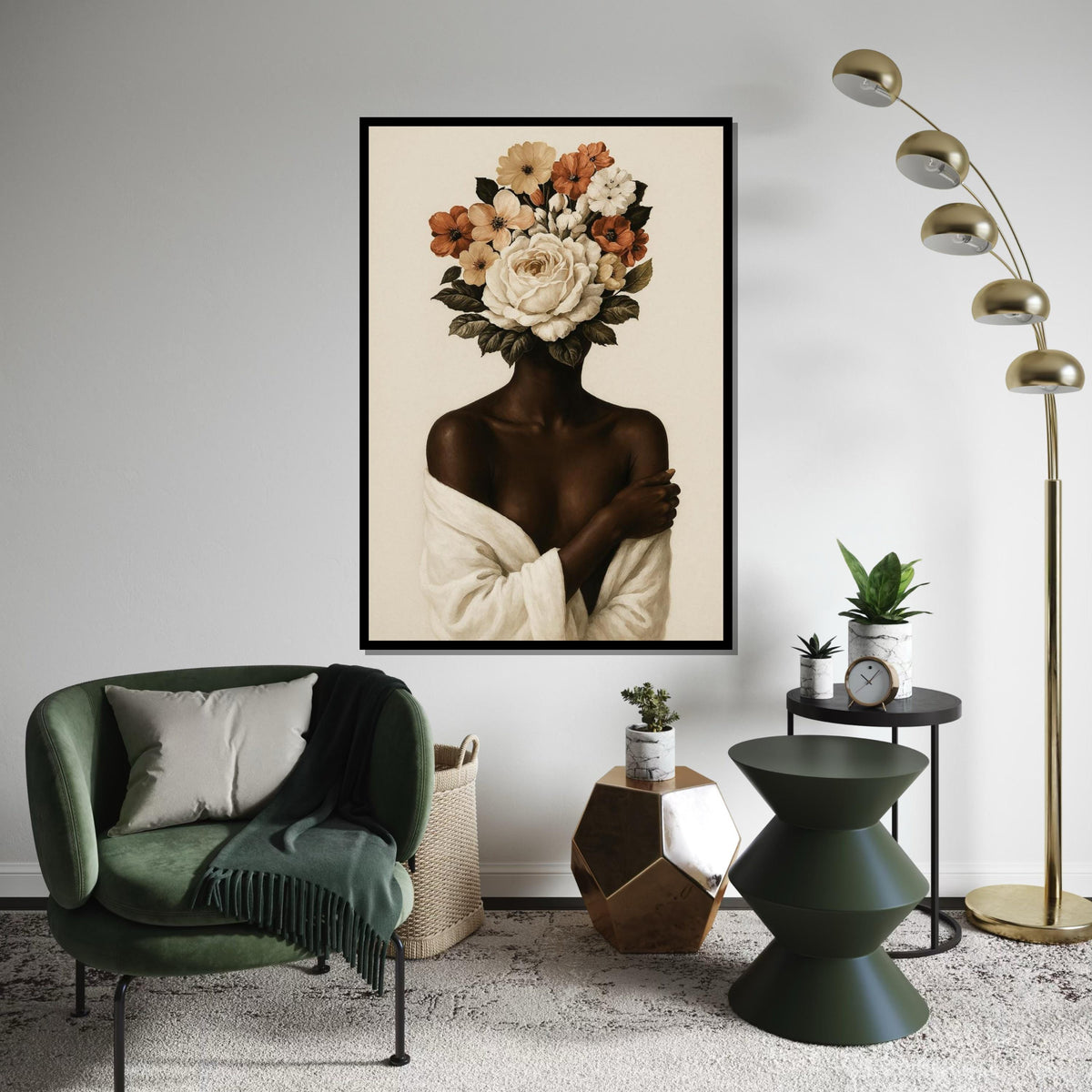 Floral Visage Canvas, Flower Head Art, Afro Woman,Female Silhouette Wall Art, Botanical Canvas Design, Ready to Hang Home Décor, Nature Art