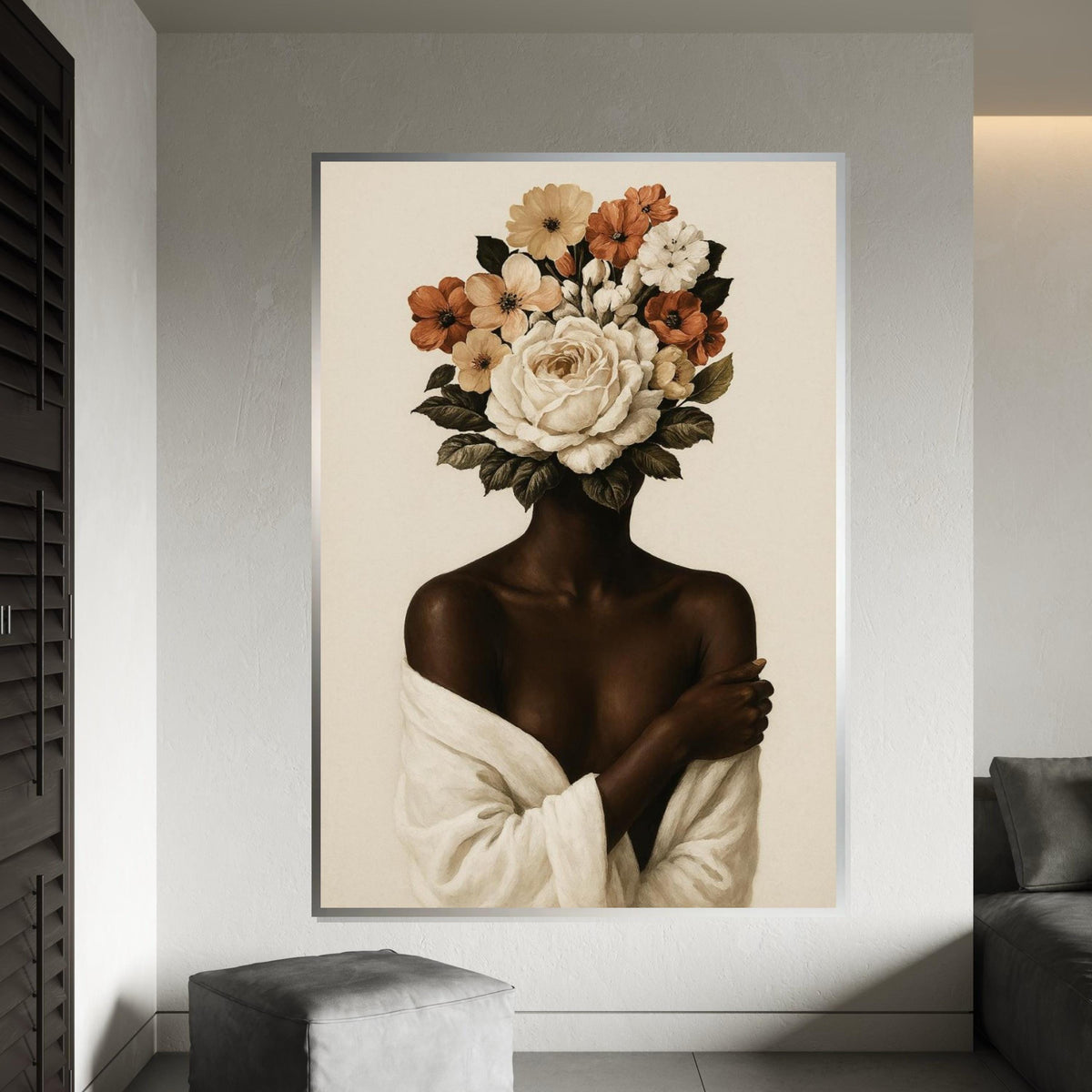 Floral Visage Canvas, Flower Head Art, Afro Woman,Female Silhouette Wall Art, Botanical Canvas Design, Ready to Hang Home Décor, Nature Art