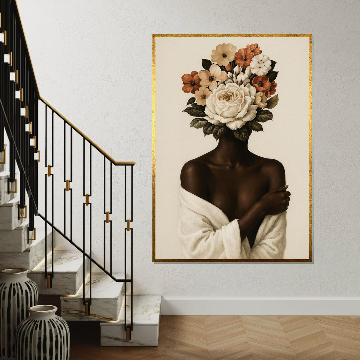 Floral Visage Canvas, Flower Head Art, Afro Woman,Female Silhouette Wall Art, Botanical Canvas Design, Ready to Hang Home Décor, Nature Art