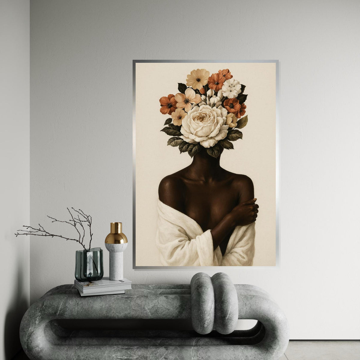 Floral Visage Canvas, Flower Head Art, Afro Woman,Female Silhouette Wall Art, Botanical Canvas Design, Ready to Hang Home Décor, Nature Art