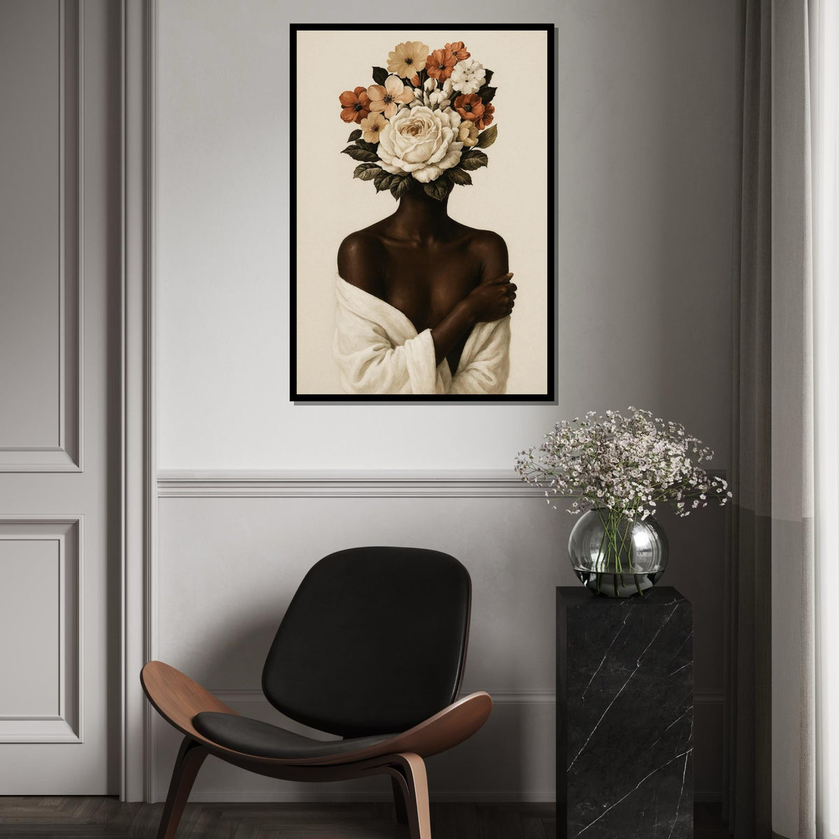 Floral Visage Canvas, Flower Head Art, Afro Woman,Female Silhouette Wall Art, Botanical Canvas Design, Ready to Hang Home Décor, Nature Art