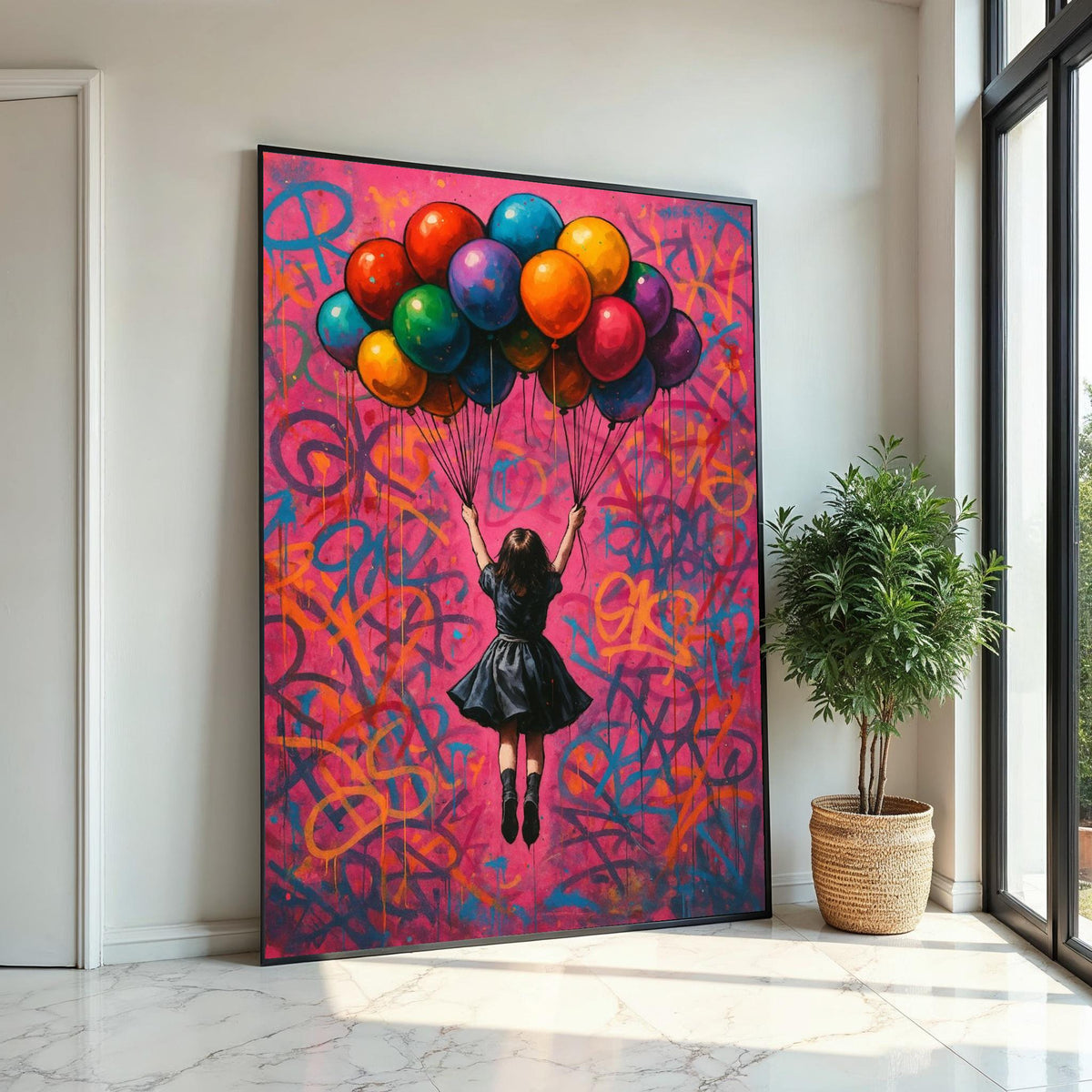 Colorful Balloon Girl, Street Art Canvas, Urban Wall Art, Vibrant Graffiti Print, Wall Art Canvas Design, Ready To Hang Decoration
