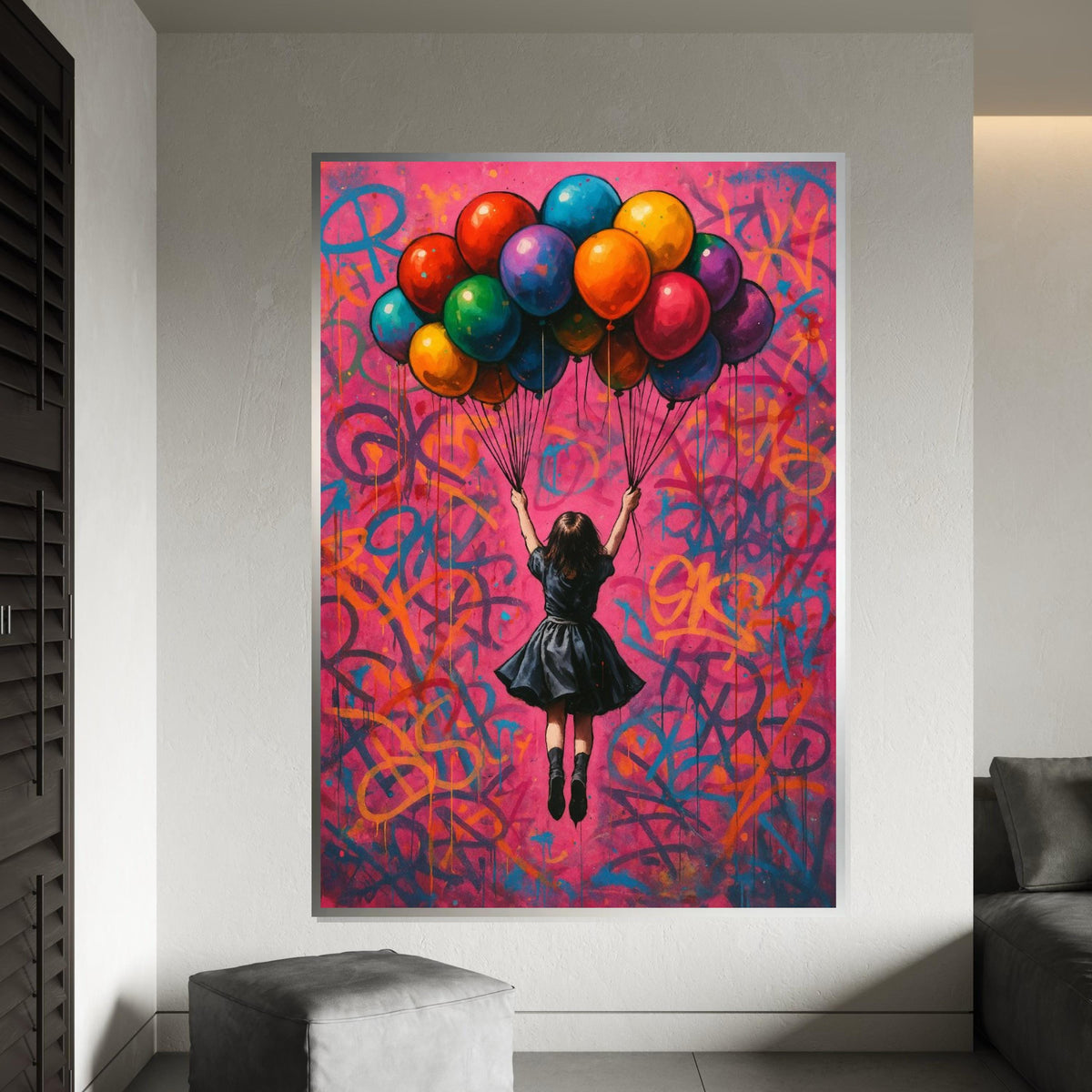 Colorful Balloon Girl, Street Art Canvas, Urban Wall Art, Vibrant Graffiti Print, Wall Art Canvas Design, Ready To Hang Decoration