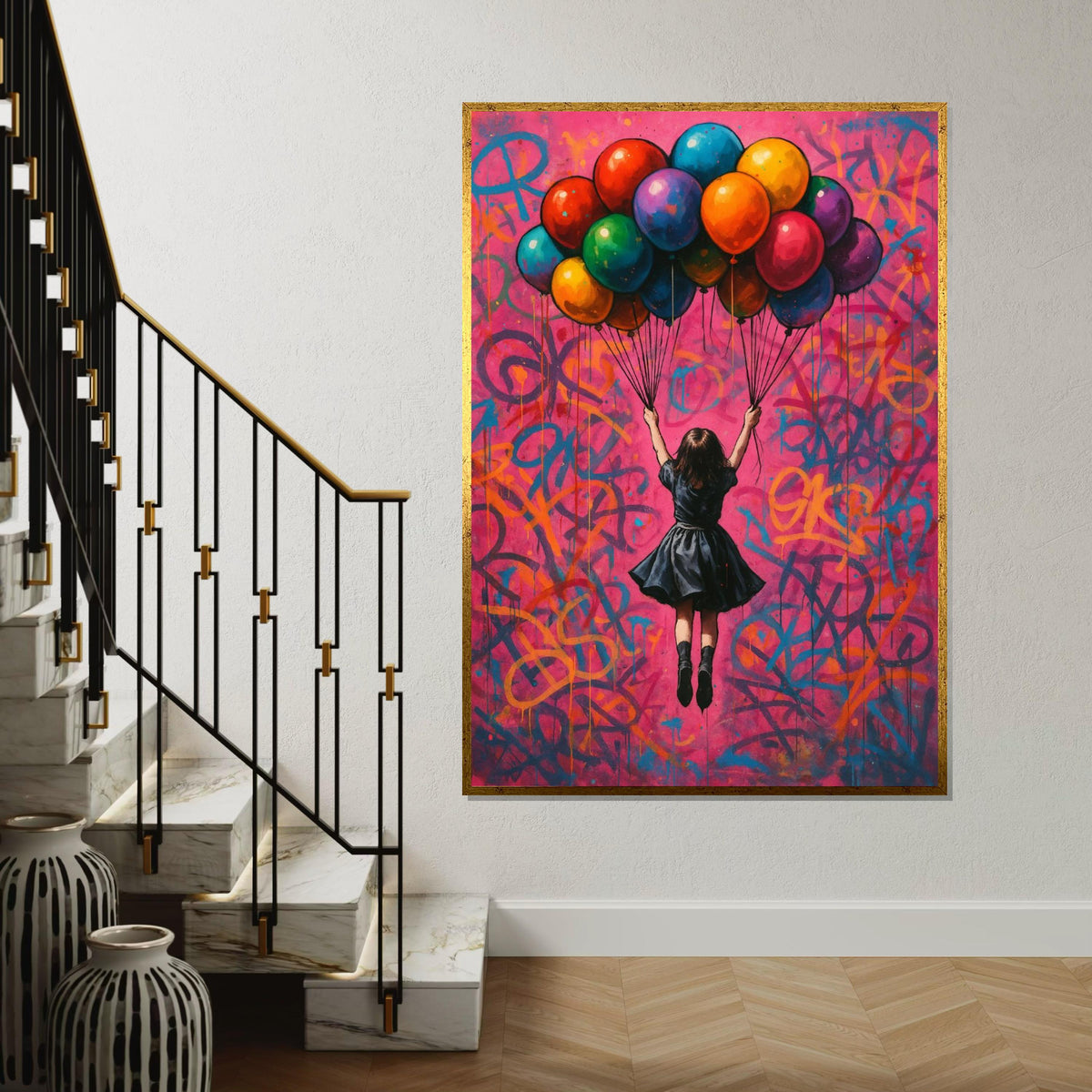 Colorful Balloon Girl, Street Art Canvas, Urban Wall Art, Vibrant Graffiti Print, Wall Art Canvas Design, Ready To Hang Decoration