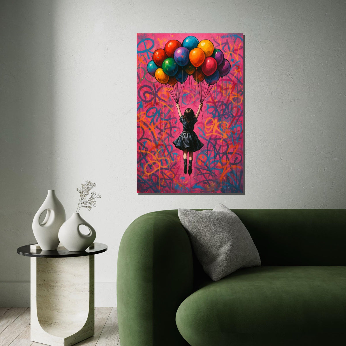 Colorful Balloon Girl, Street Art Canvas, Urban Wall Art, Vibrant Graffiti Print, Wall Art Canvas Design, Ready To Hang Decoration