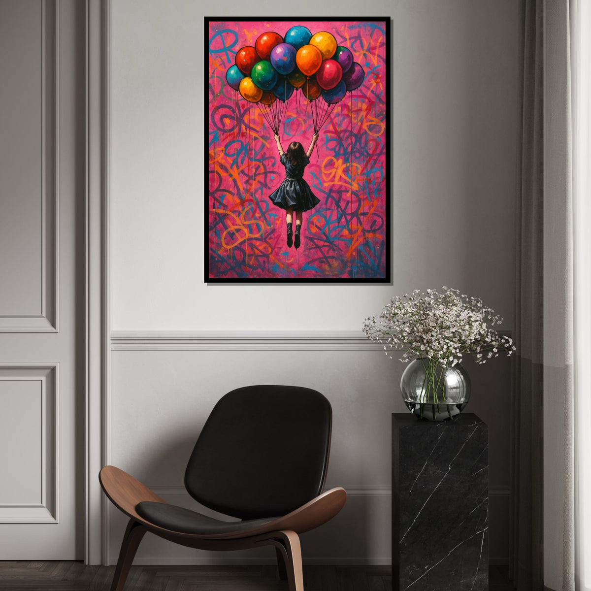 Colorful Balloon Girl, Street Art Canvas, Urban Wall Art, Vibrant Graffiti Print, Wall Art Canvas Design, Ready To Hang Decoration