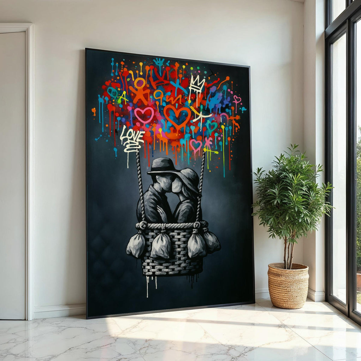Love in Balloon Canvas, Romantic Wall Art, Colorful Graffiti, Couple Kissing, Art Canvas Design, Ready to Hang Decoration, Print Canvas