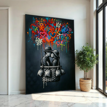 Love in Balloon Canvas, Romantic Wall Art, Colorful Graffiti, Couple Kissing, Art Canvas Design, Ready to Hang Decoration, Print Canvas