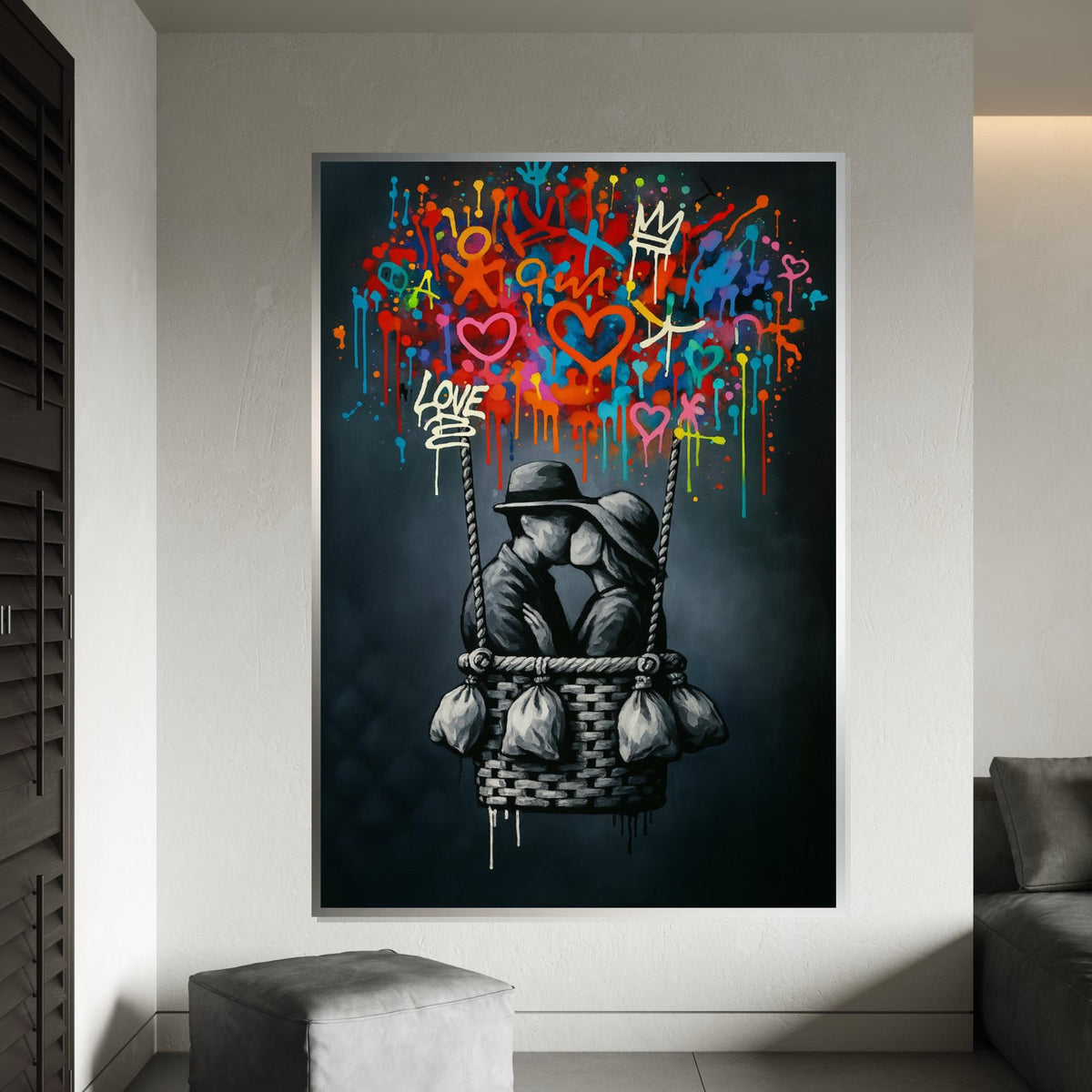 Love in Balloon Canvas, Romantic Wall Art, Colorful Graffiti, Couple Kissing, Art Canvas Design, Ready to Hang Decoration, Print Canvas