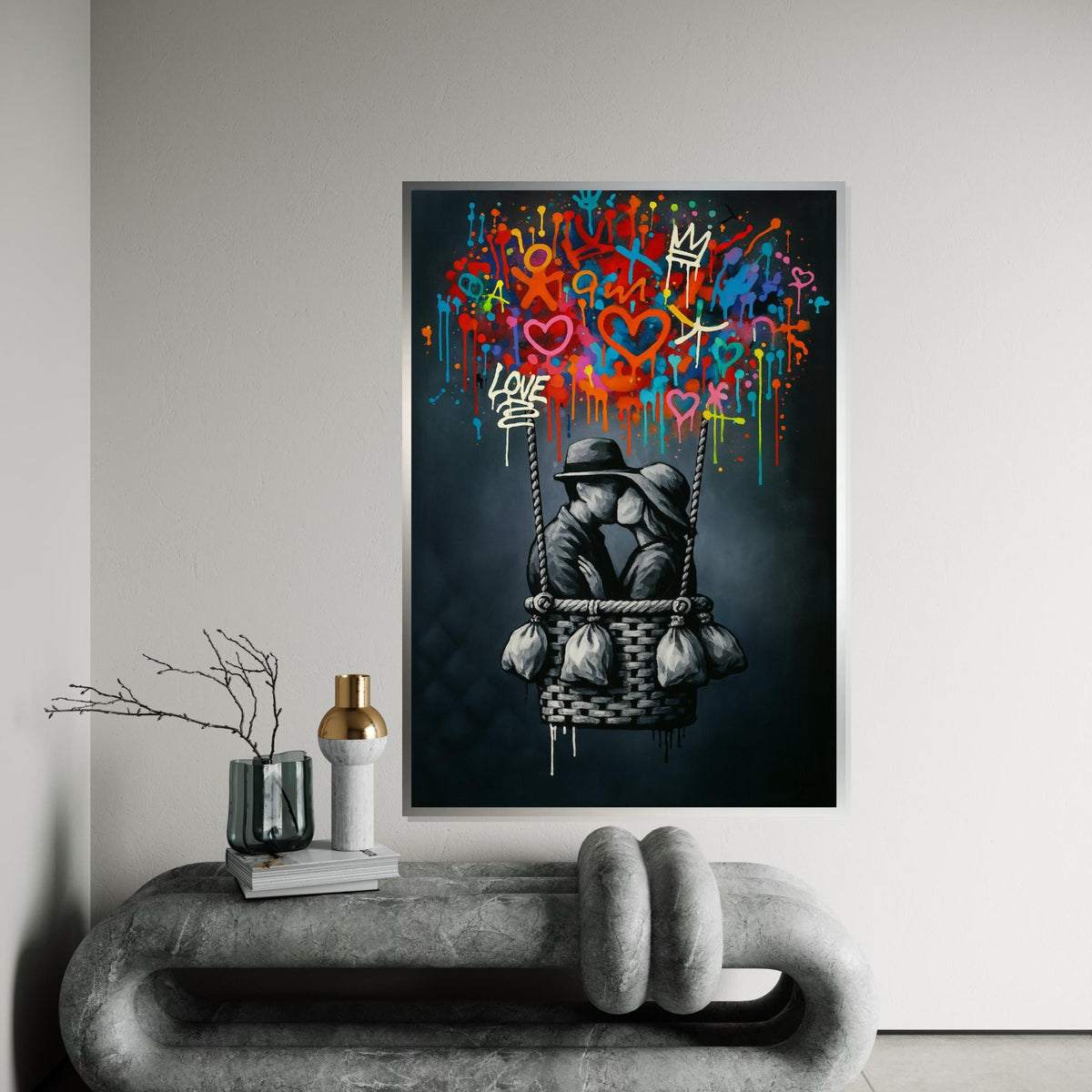 Love in Balloon Canvas, Romantic Wall Art, Colorful Graffiti, Couple Kissing, Art Canvas Design, Ready to Hang Decoration, Print Canvas
