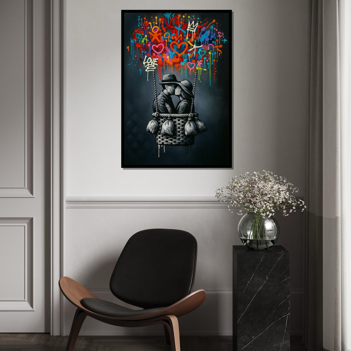 Love in Balloon Canvas, Romantic Wall Art, Colorful Graffiti, Couple Kissing, Art Canvas Design, Ready to Hang Decoration, Print Canvas