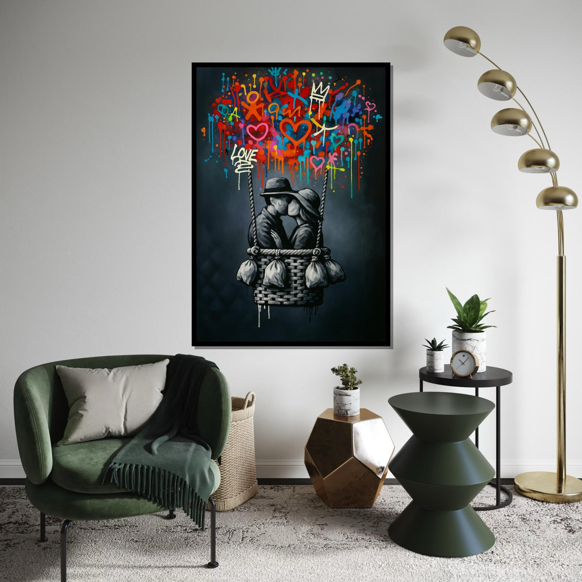 Love in Balloon Canvas, Romantic Wall Art, Colorful Graffiti, Couple Kissing, Art Canvas Design, Ready to Hang Decoration, Print Canvas