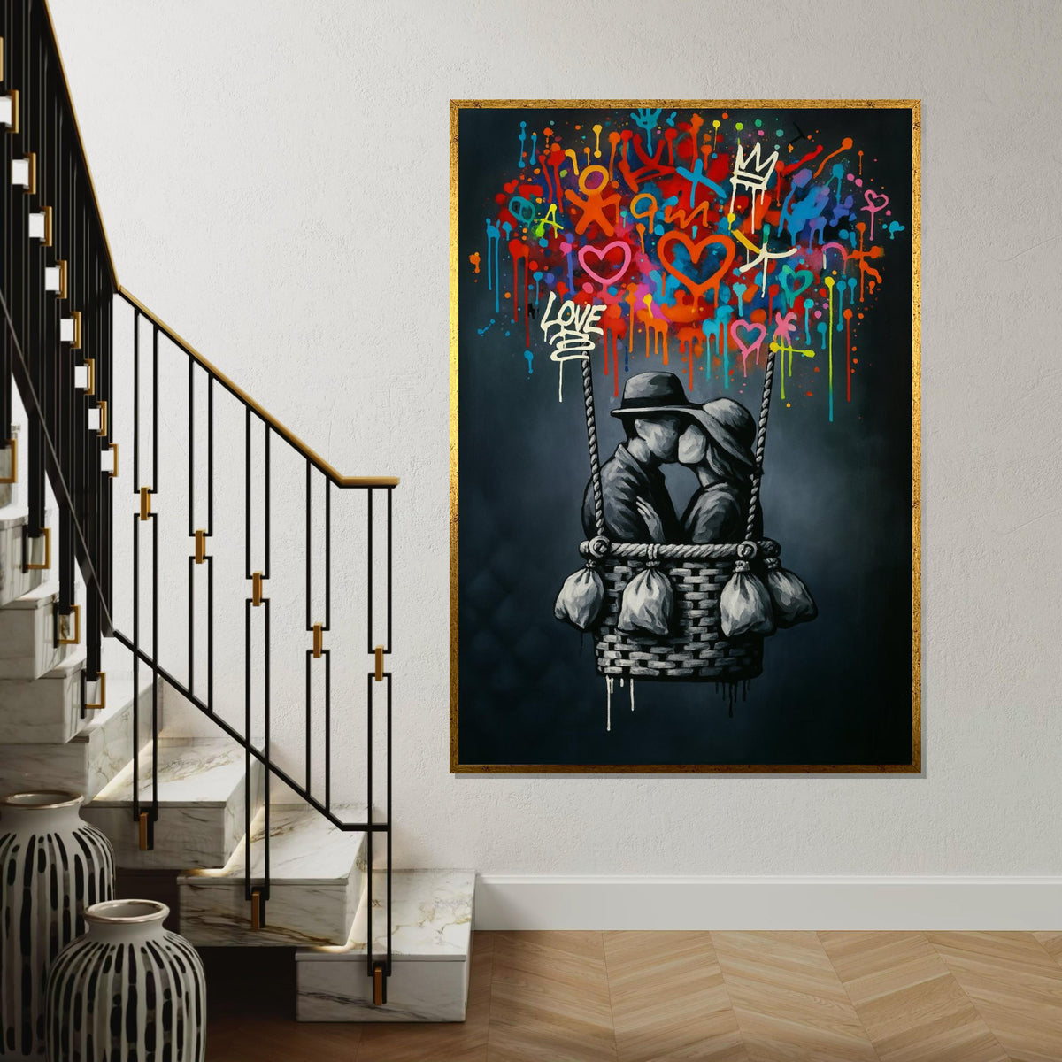 Love in Balloon Canvas, Romantic Wall Art, Colorful Graffiti, Couple Kissing, Art Canvas Design, Ready to Hang Decoration, Print Canvas