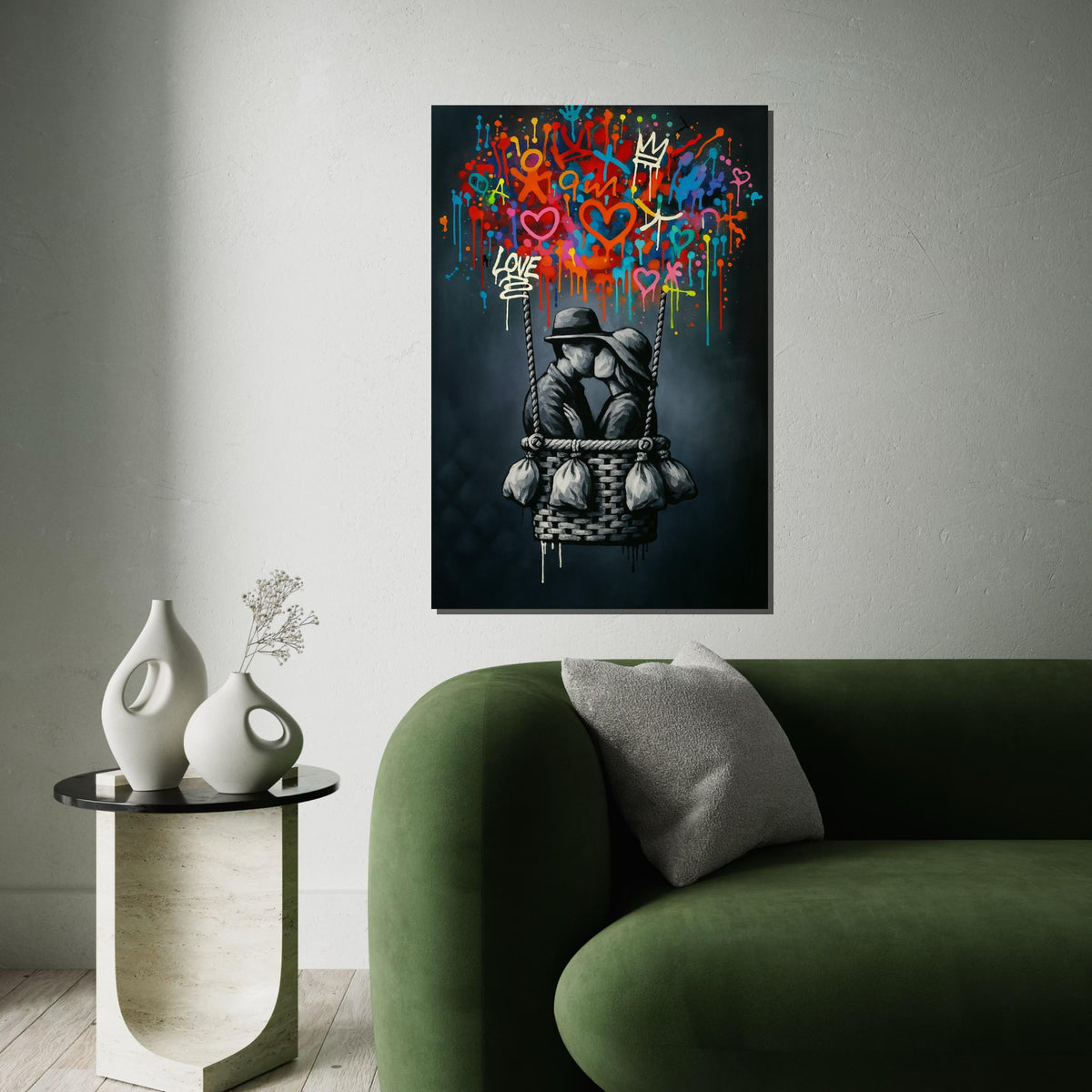 Love in Balloon Canvas, Romantic Wall Art, Colorful Graffiti, Couple Kissing, Art Canvas Design, Ready to Hang Decoration, Print Canvas