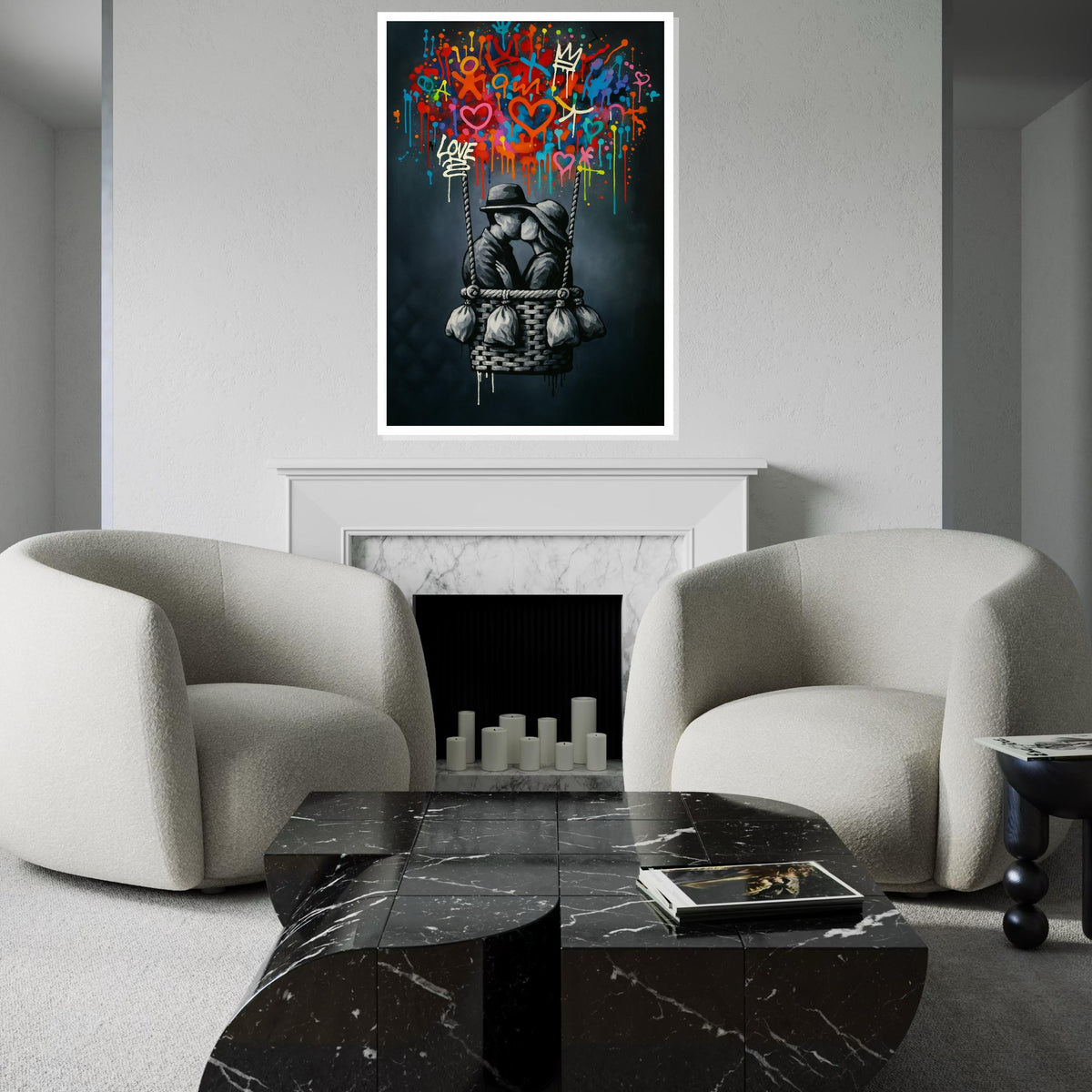 Love in Balloon Canvas, Romantic Wall Art, Colorful Graffiti, Couple Kissing, Art Canvas Design, Ready to Hang Decoration, Print Canvas