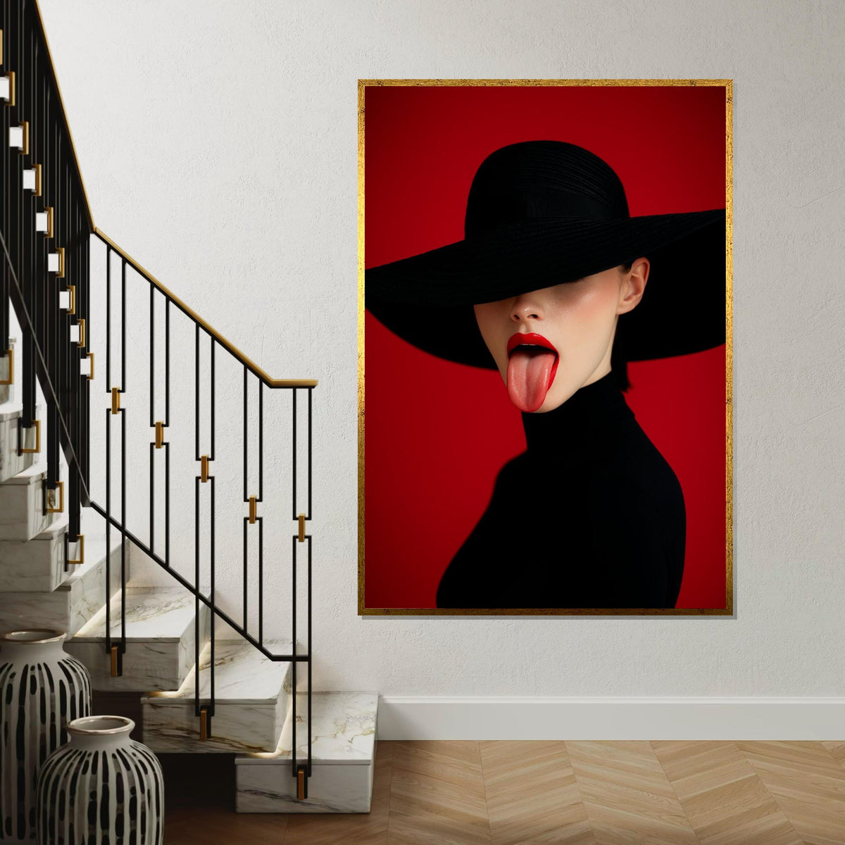 Chic Red Canvas, Mysterious Lady Art, Fashion Wall Print, Modern Art Canvas Design, Bold Lips Decor, Ready to Hang Wall Art