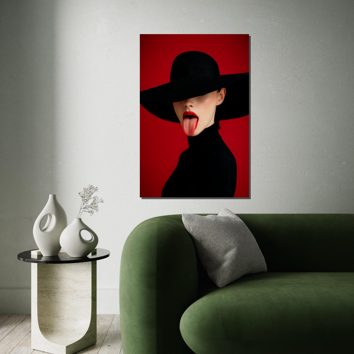 Chic Red Canvas, Mysterious Lady Art, Fashion Wall Print, Modern Art Canvas Design, Bold Lips Decor, Ready to Hang Wall Art