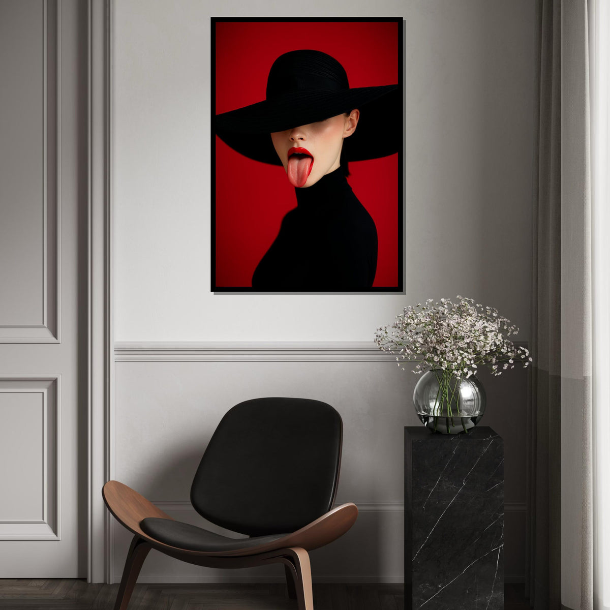 Chic Red Canvas, Mysterious Lady Art, Fashion Wall Print, Modern Art Canvas Design, Bold Lips Decor, Ready to Hang Wall Art