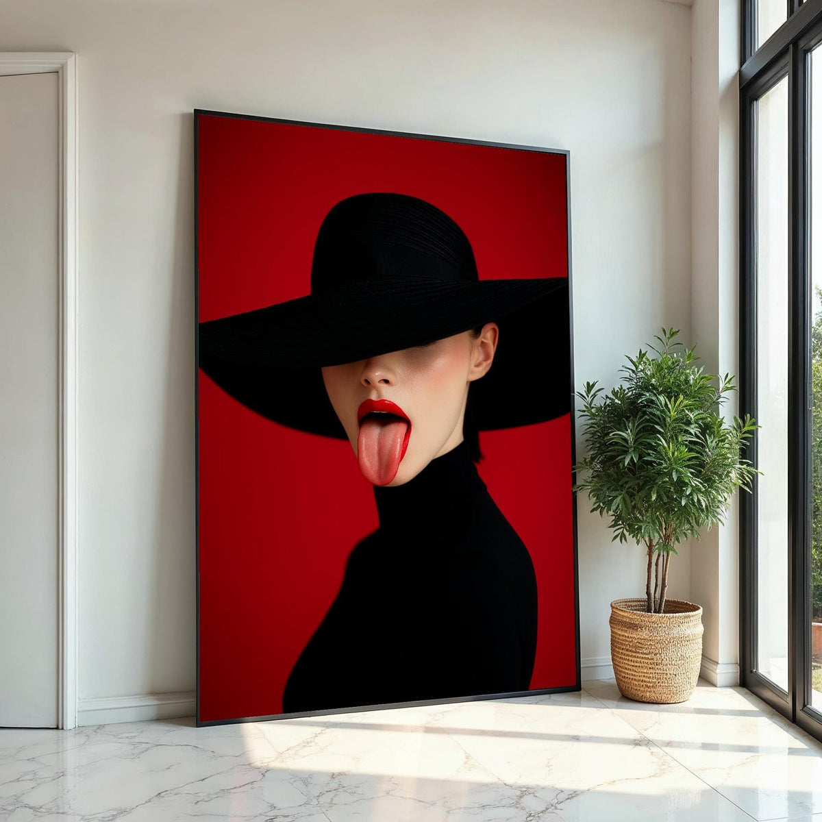 Chic Red Canvas, Mysterious Lady Art, Fashion Wall Print, Modern Art Canvas Design, Bold Lips Decor, Ready to Hang Wall Art