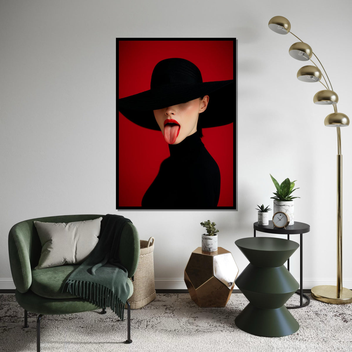 Chic Red Canvas, Mysterious Lady Art, Fashion Wall Print, Modern Art Canvas Design, Bold Lips Decor, Ready to Hang Wall Art