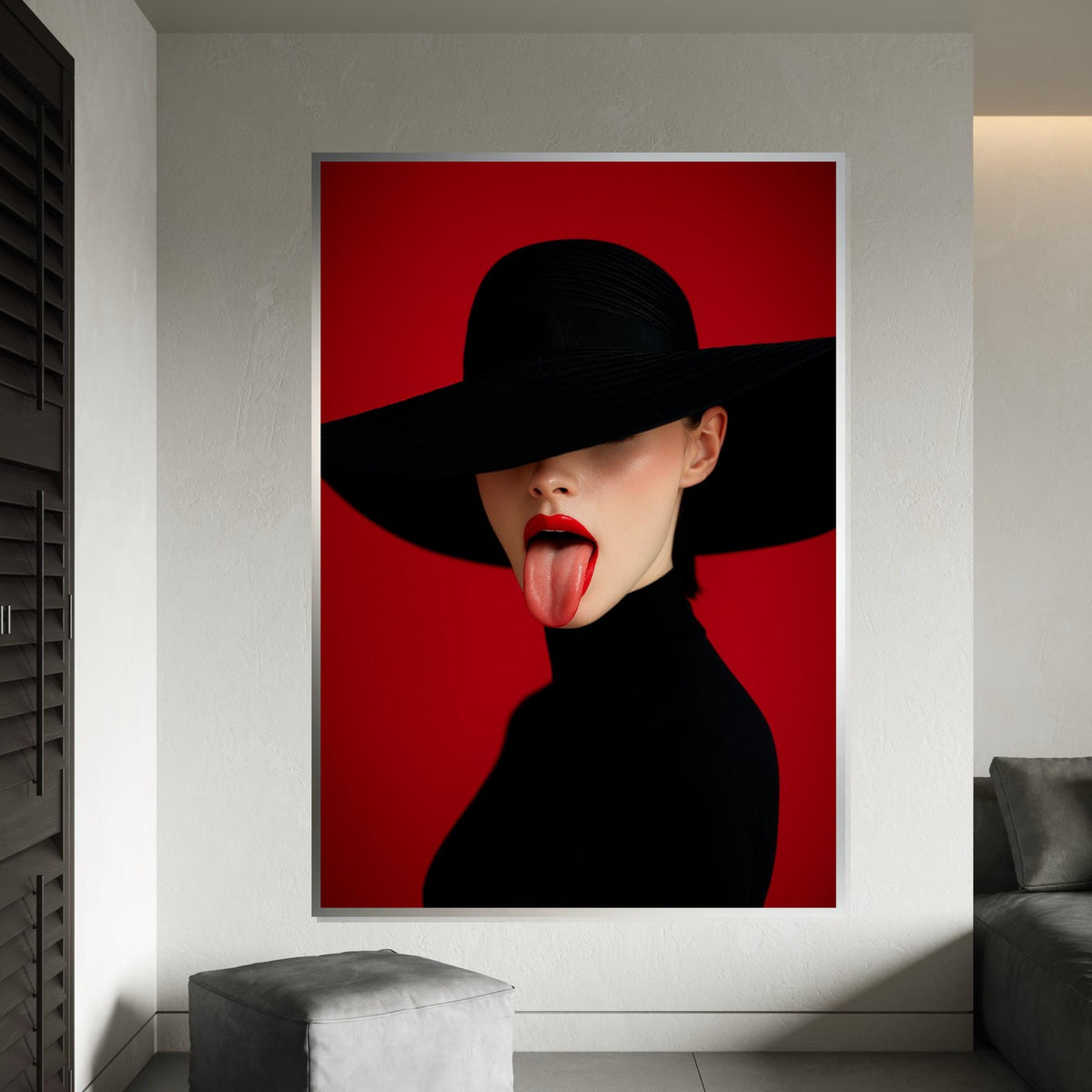 Chic Red Canvas, Mysterious Lady Art, Fashion Wall Print, Modern Art Canvas Design, Bold Lips Decor, Ready to Hang Wall Art