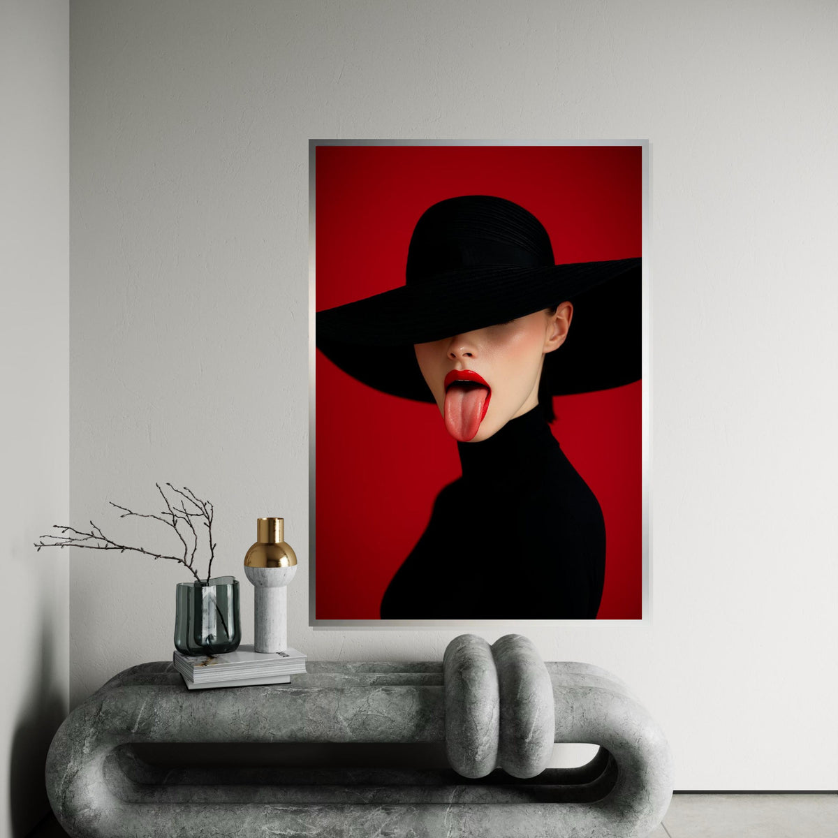 Chic Red Canvas, Mysterious Lady Art, Fashion Wall Print, Modern Art Canvas Design, Bold Lips Decor, Ready to Hang Wall Art