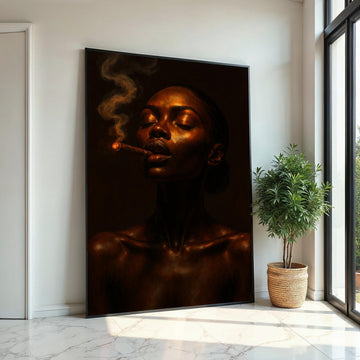 Afro Woman, Serene Smoky Portrait Canvas, Woman Smoking Art, Elegant Wall Art, Canvas Design, Portrait Print, Ready to Hang Decoration