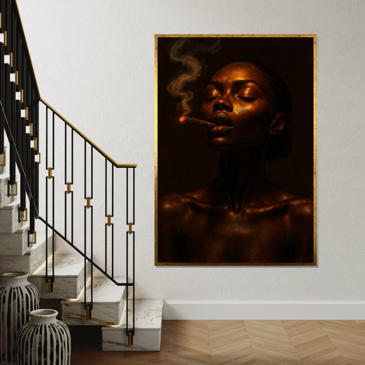 Afro Woman, Serene Smoky Portrait Canvas, Woman Smoking Art, Elegant Wall Art, Canvas Design, Portrait Print, Ready to Hang Decoration