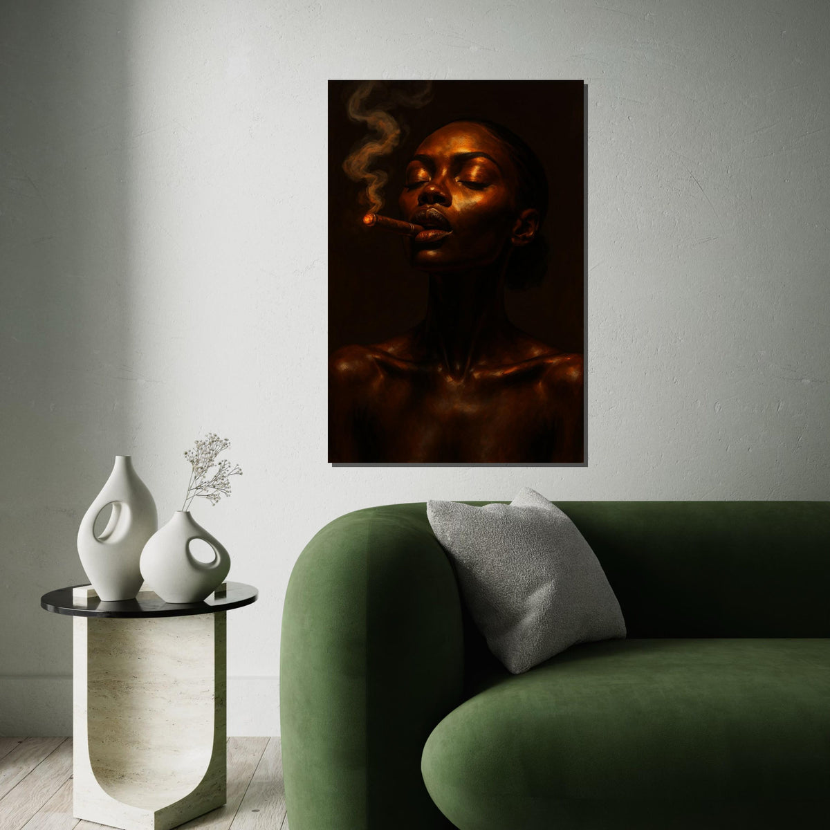 Afro Woman, Serene Smoky Portrait Canvas, Woman Smoking Art, Elegant Wall Art, Canvas Design, Portrait Print, Ready to Hang Decoration