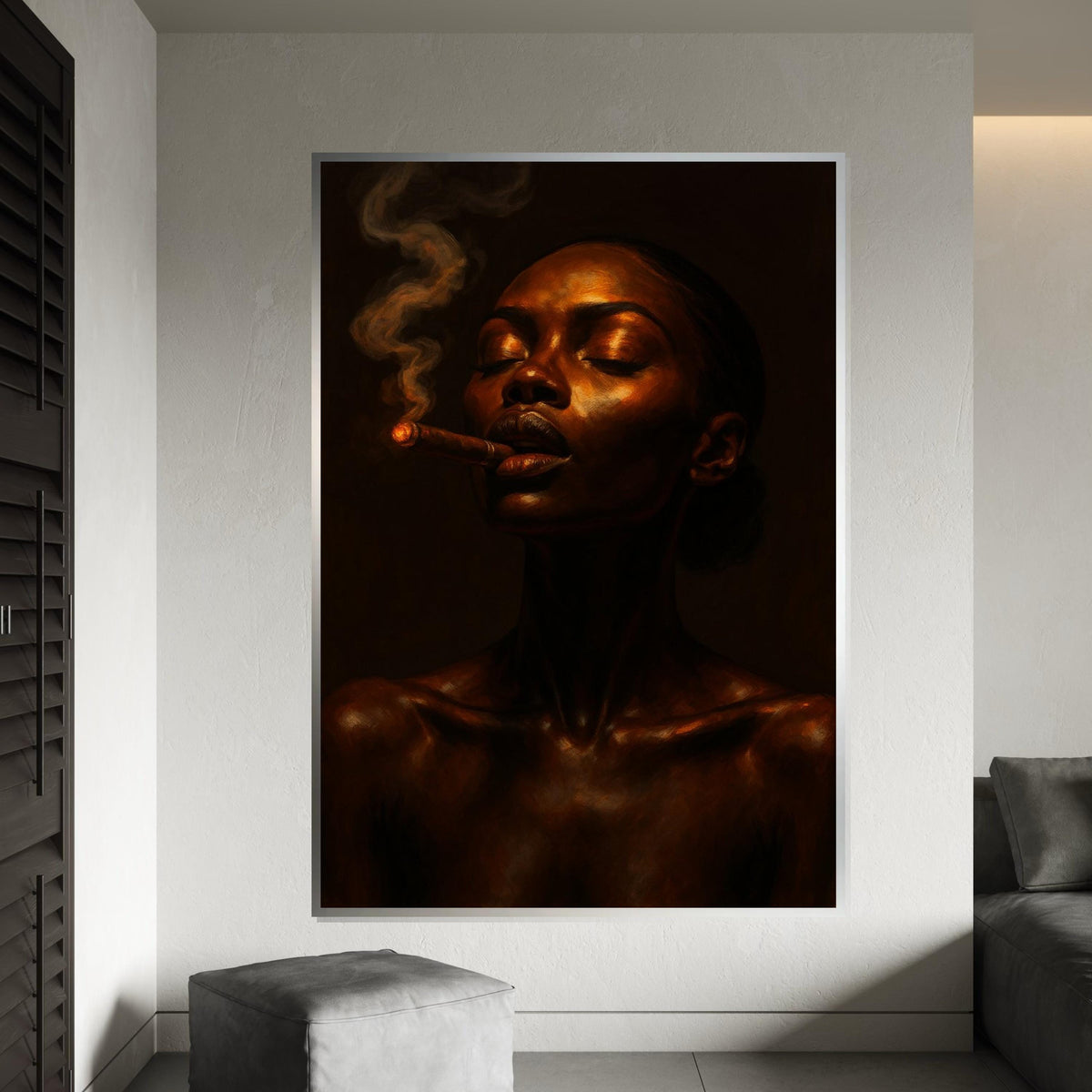 Afro Woman, Serene Smoky Portrait Canvas, Woman Smoking Art, Elegant Wall Art, Canvas Design, Portrait Print, Ready to Hang Decoration