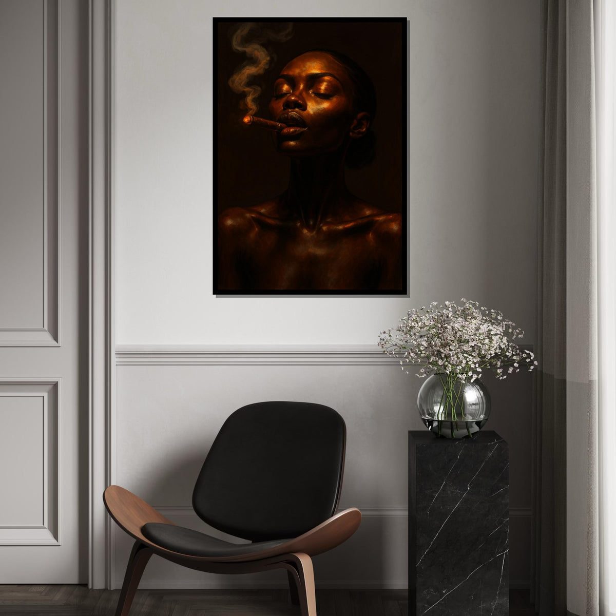 Afro Woman, Serene Smoky Portrait Canvas, Woman Smoking Art, Elegant Wall Art, Canvas Design, Portrait Print, Ready to Hang Decoration