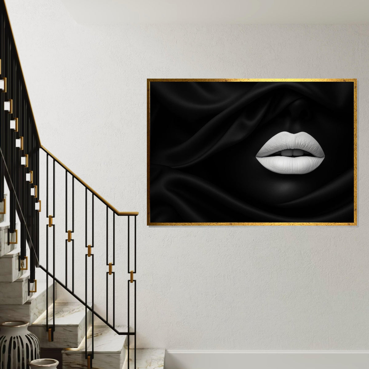 Monochrome Lips Canvas, Black White Art, Elegant Lip Design, Wall Art Canvas, Stylish Decor, Ready To Hang Modern Canvas