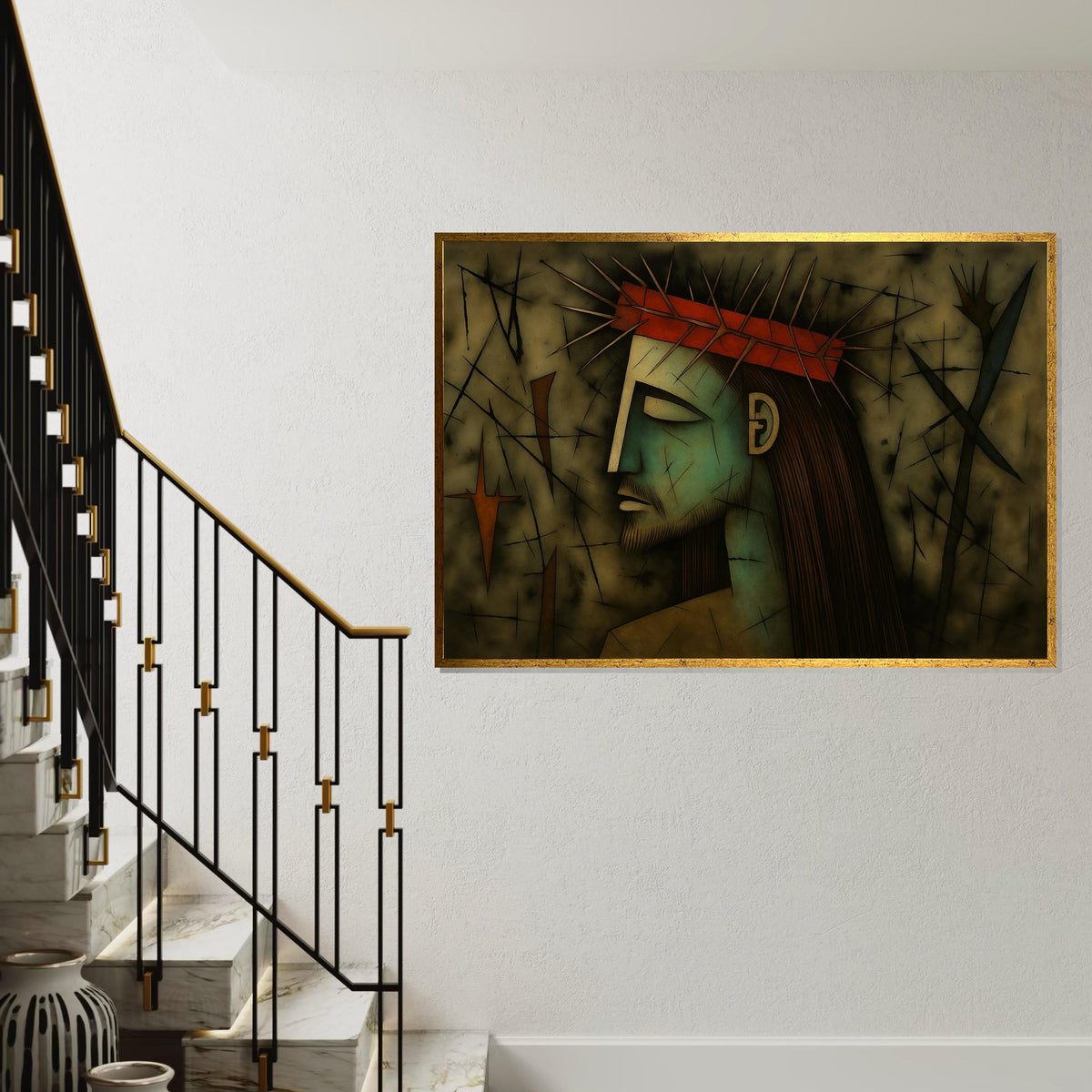 Crown of Thorns Art, Abstract Portrait Canvas, Wall Art Canvas Design, Religious Art Poster, Expressionist Pain, Ready to Hang Decoration