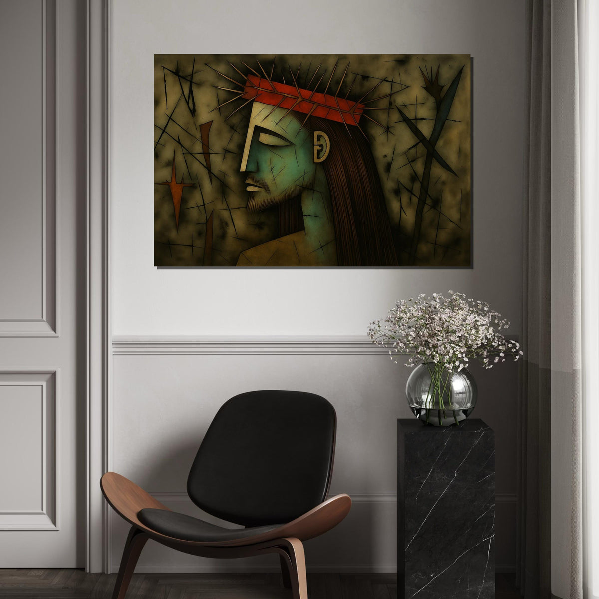 Crown of Thorns Art, Abstract Portrait Canvas, Wall Art Canvas Design, Religious Art Poster, Expressionist Pain, Ready to Hang Decoration