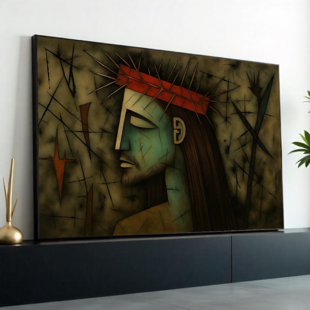 Crown of Thorns Art, Abstract Portrait Canvas, Wall Art Canvas Design, Religious Art Poster, Expressionist Pain, Ready to Hang Decoration