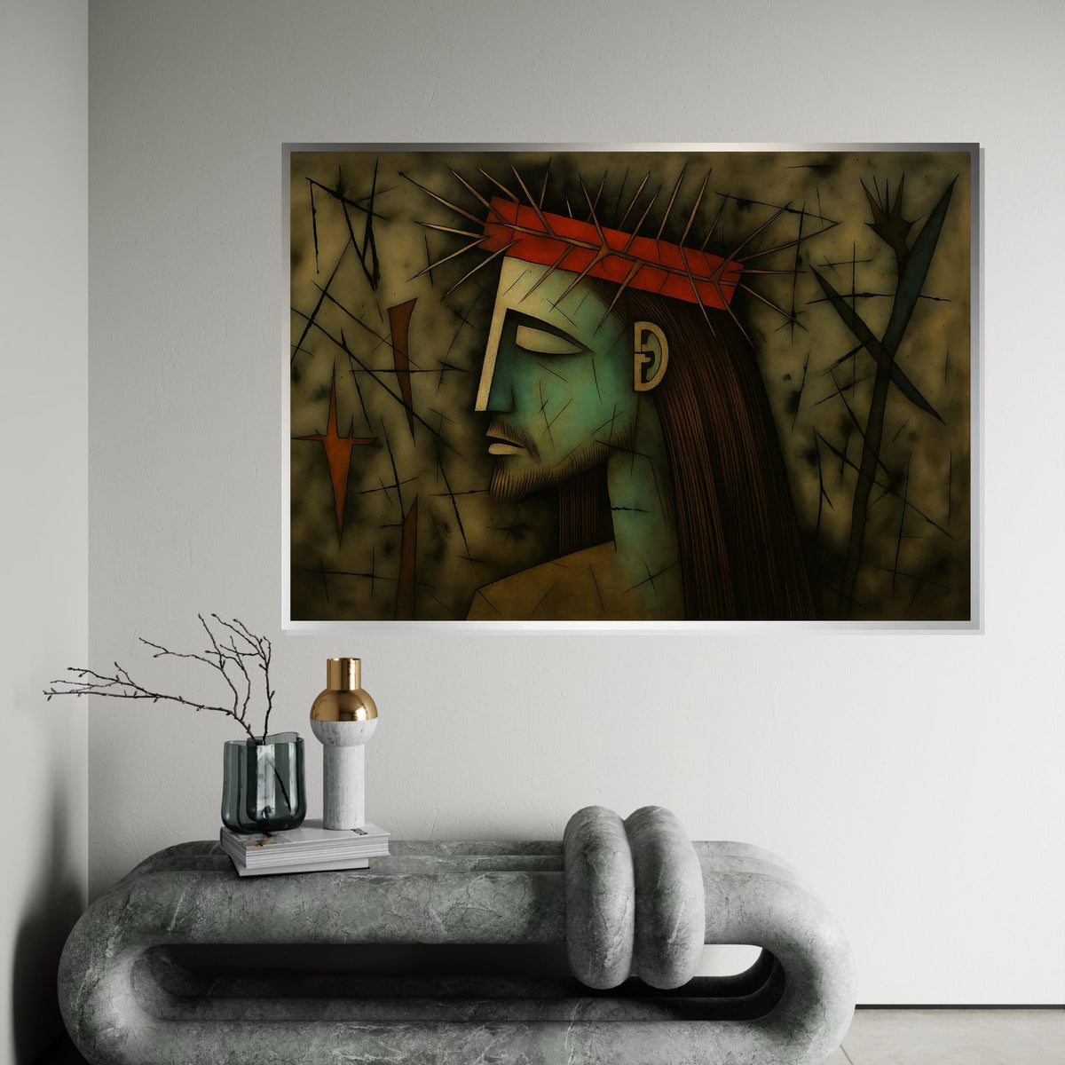 Crown of Thorns Art, Abstract Portrait Canvas, Wall Art Canvas Design, Religious Art Poster, Expressionist Pain, Ready to Hang Decoration