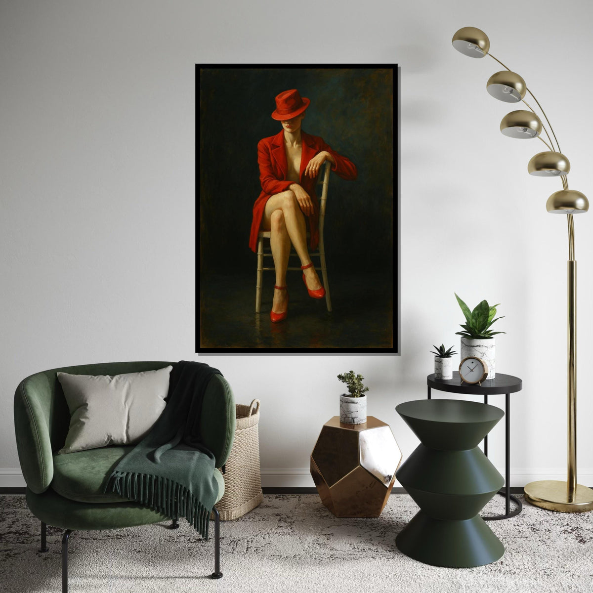 Elegant Lady in Red, Red Hat and Dress, Sensual Art, Wall Art Canvas Design, Ready to Hang Decoration, Femme Fatale Canvas Poster