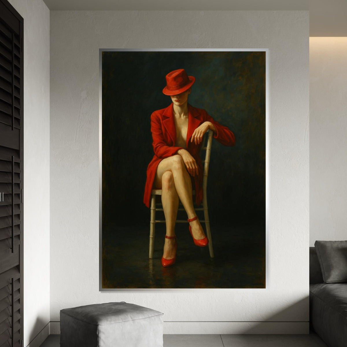 Elegant Lady in Red, Red Hat and Dress, Sensual Art, Wall Art Canvas Design, Ready to Hang Decoration, Femme Fatale Canvas Poster